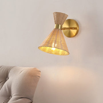 Zoey 10" 1-Light Mid-Century Vintage Retro Rattan/Metal LED Sconce with Adjustable Shade - JONATHAN Y